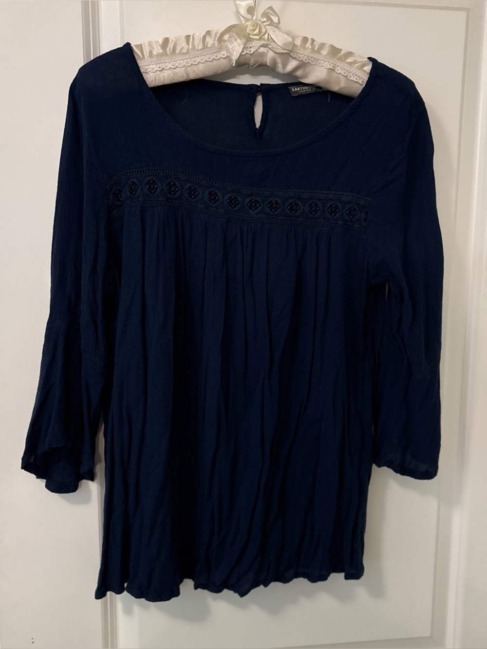 Earthbound Babydoll Gauzy Navy Crinkle Top-3/4 Sleeve-Large-Boho, Flowing